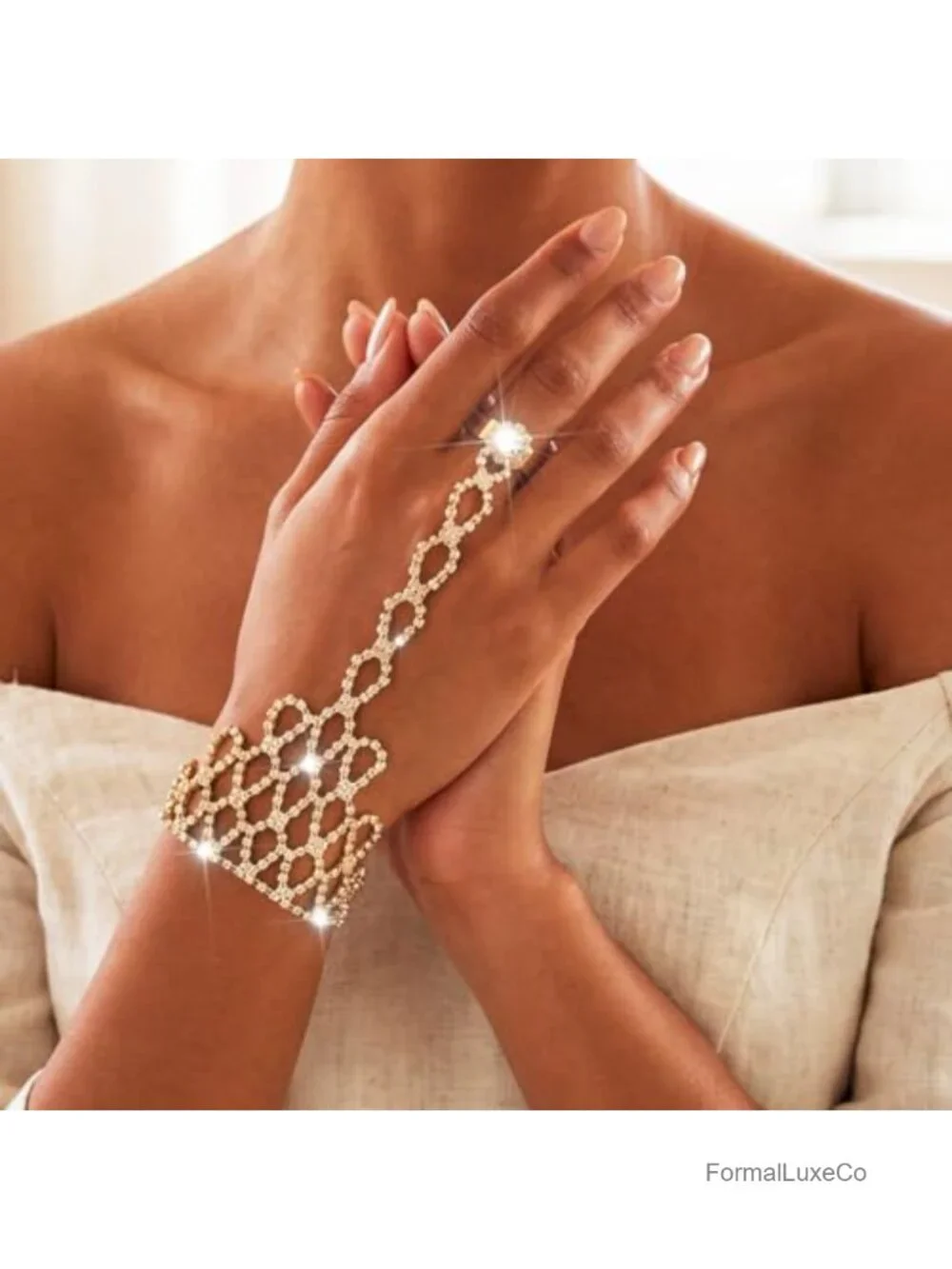 Gold Rhinestone Fingerless Gloves Bridal Wedding Gloves Crystal Prom Hand Chain